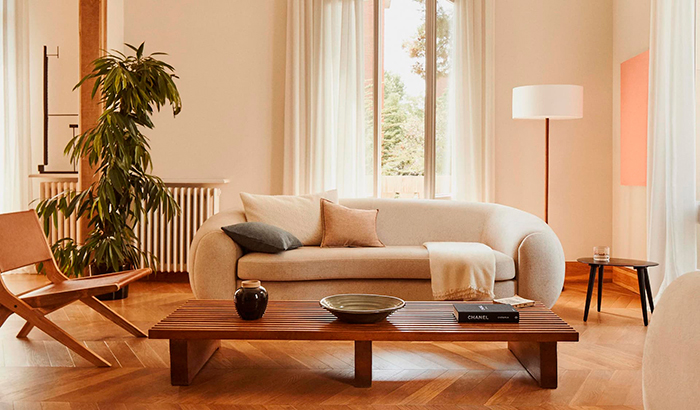 Salón calmante con sofá con curvas