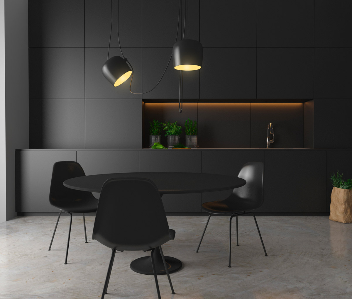 Una cocina de diseño moderno en negro mate