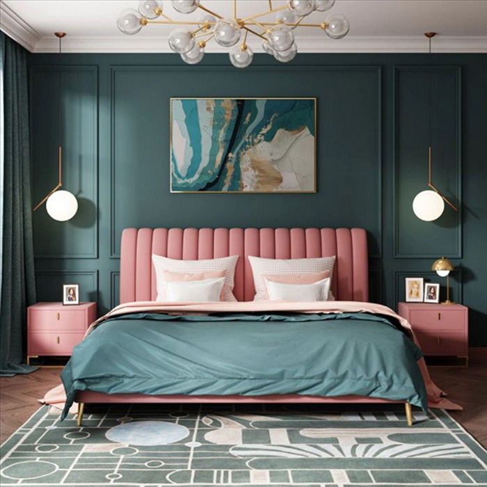 Dormitorio de lujo pintado en verde y rosa