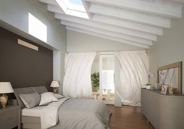 Un dormitorio, cuarto o habitación moderna pintada y decorada en marrón y gris