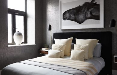 Dormitorio de diseño masculino elegante, moderno y sofisticado