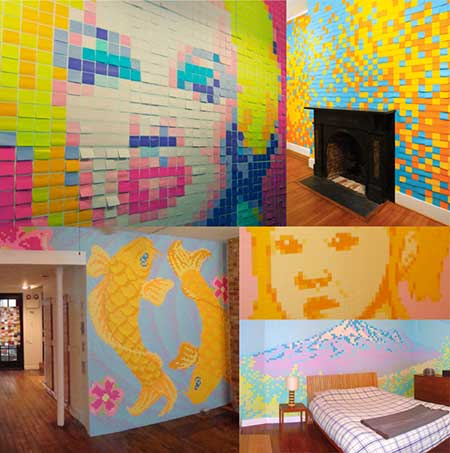 Una pared decorada con post it