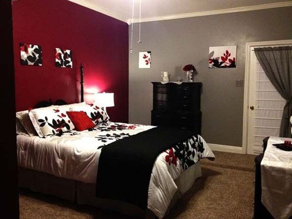 Un dormitorio, cuarto o habitación moderna pintada y decorada en rojo y gris