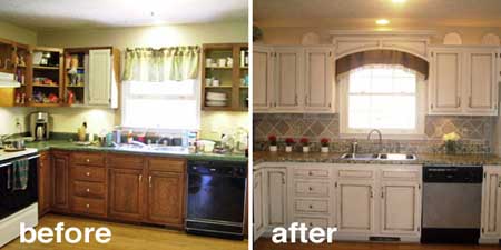 Muebles de cocina pintados con efecto blanco envejecido o decapado, antes y después