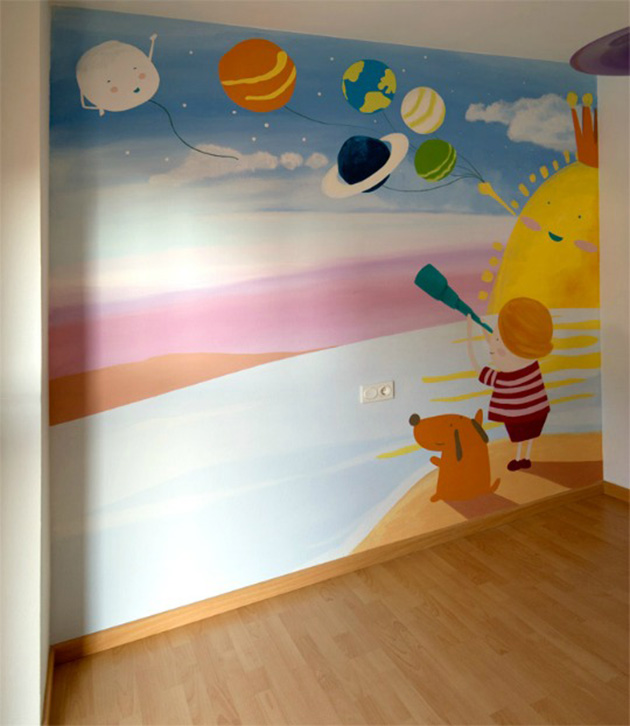 Mural decorativo pintado en pared interior para un dormitorio infantil