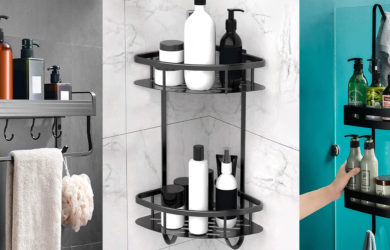 Orden en la ducha con estantes modernos sin agujeros para guardar geles y champú, y toallas