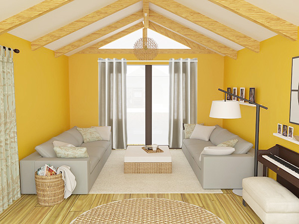 Un render fotorealista de un salón con las paredes naranjas y cortinas en color en lino natural
